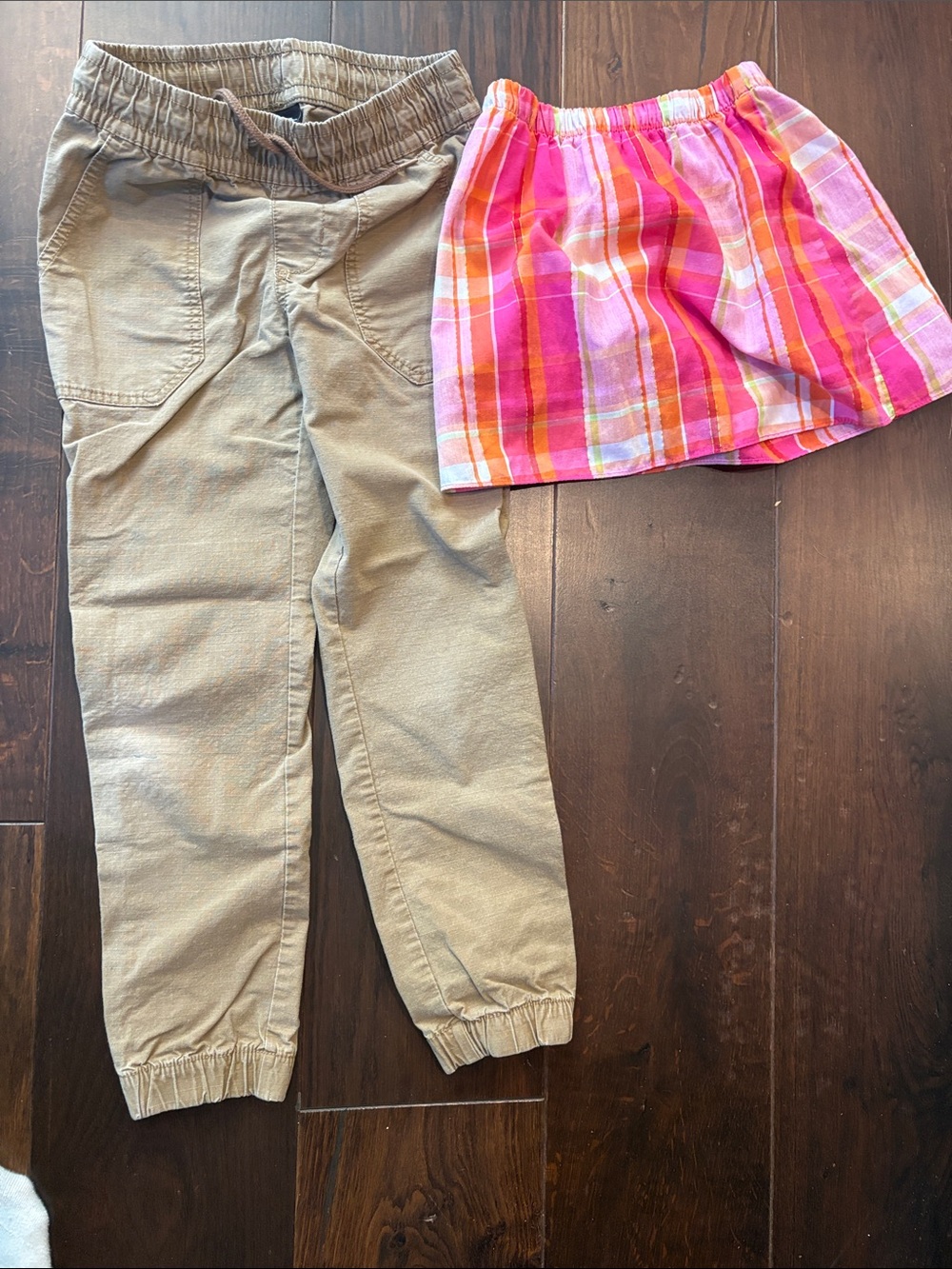 art class Tan Joggers with Pink & Orange Plaid Skirt